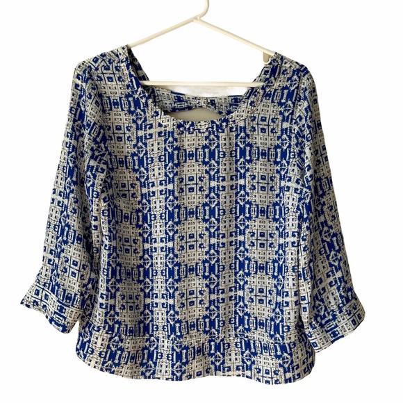Blue White Bow Back Cutout Blouse Medium - Picture 1 of 10